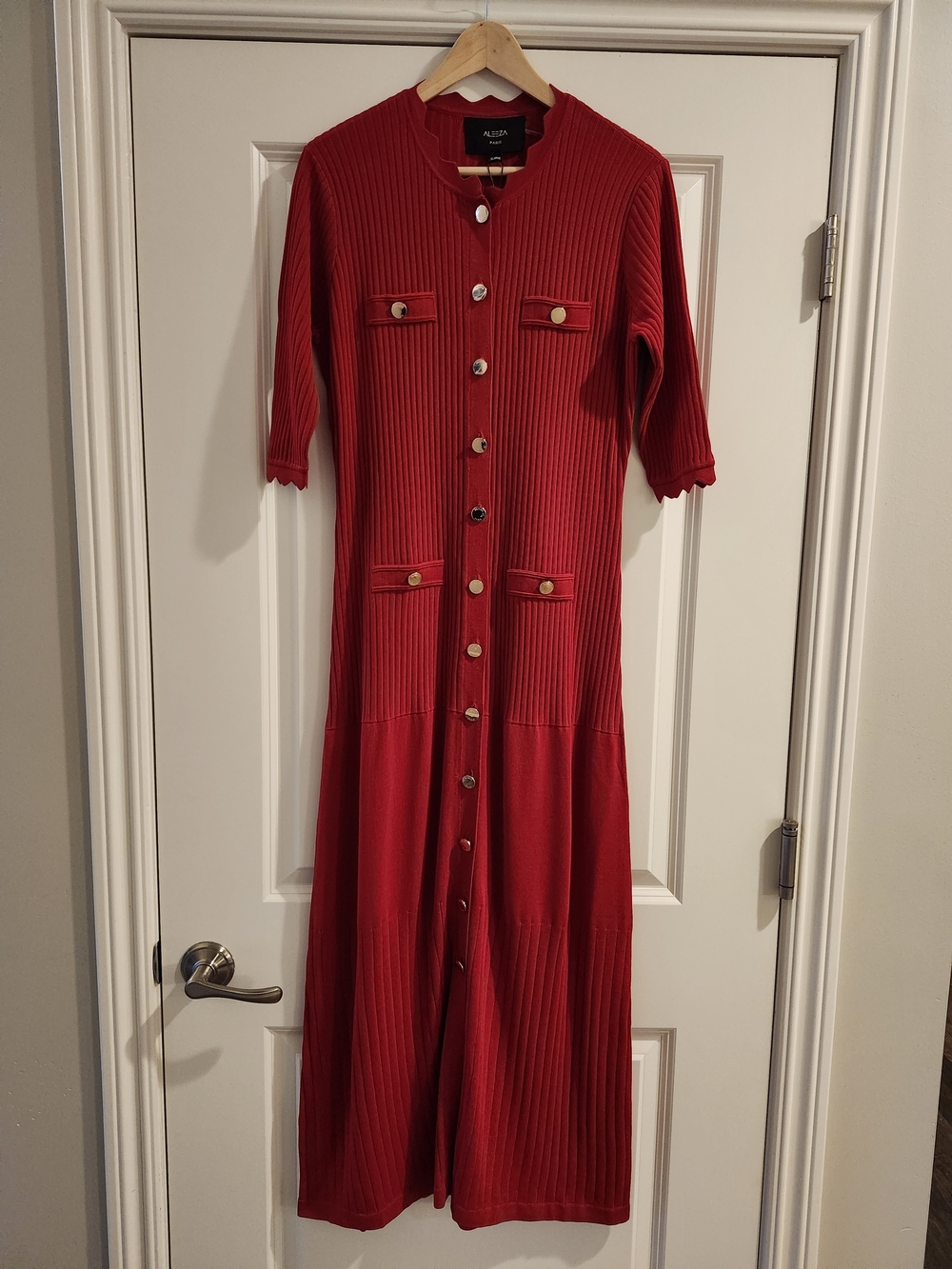 Aleeza Paris Red Ribbed Knit Gold Button Maxi Dress XL NWT - Picture 2 of 6